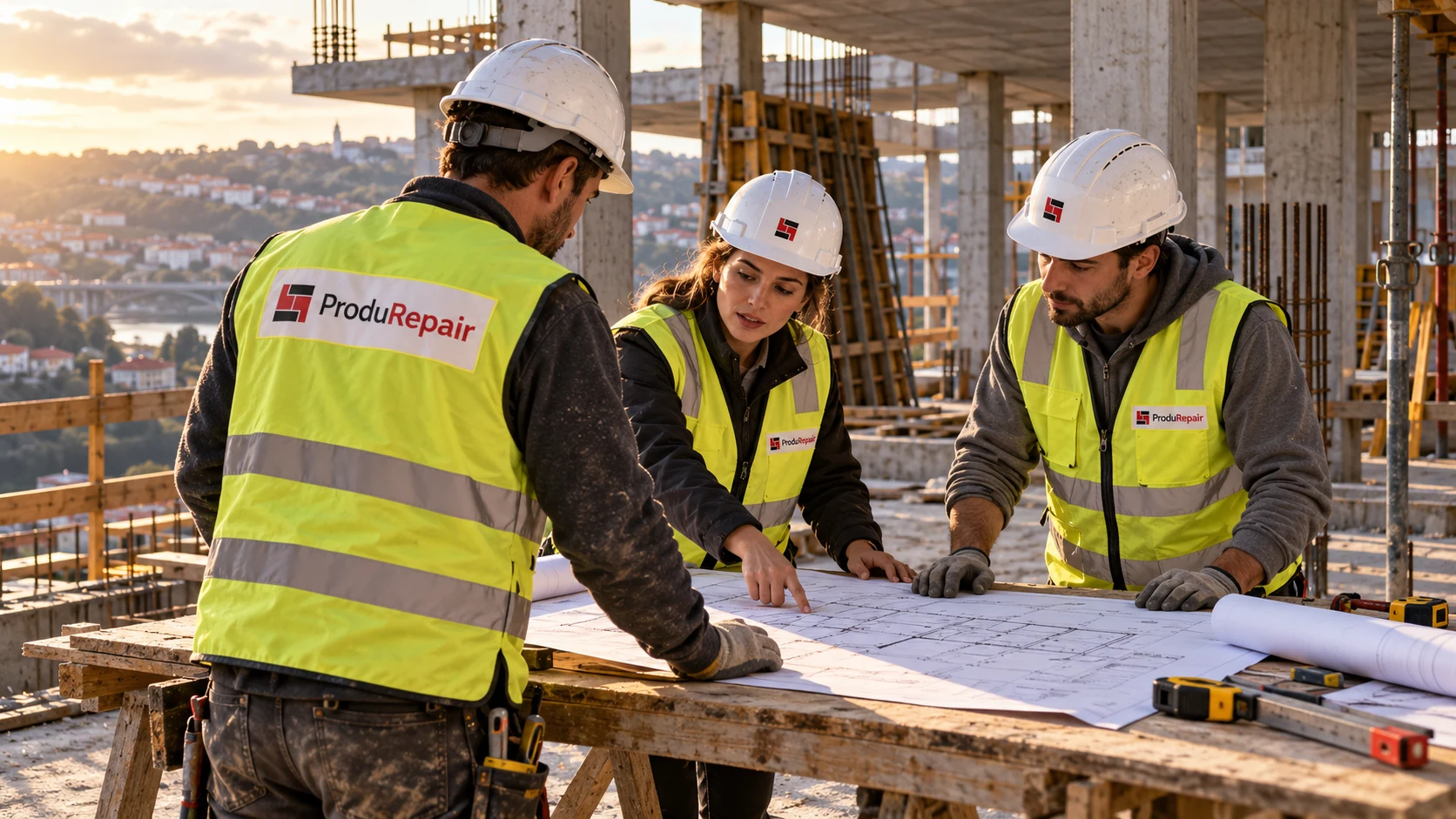 Profissionais com capacetes e coletes ProduRepair analisam plantas num estaleiro de construção — imagem conceptual criada com IA