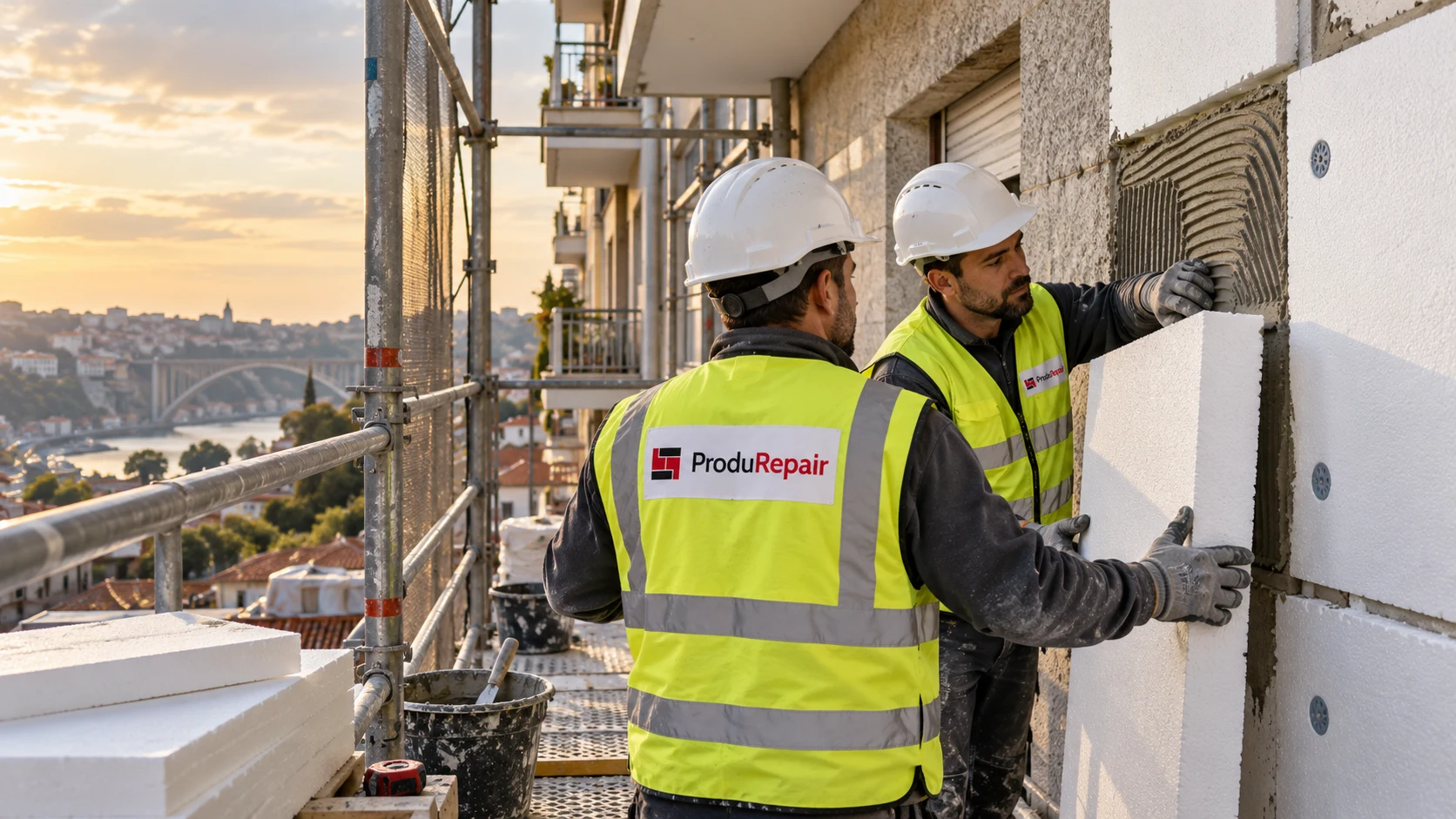 Trabalhadores com coletes ProduRepair aplicam isolamento numa fachada a partir de andaimes protegidos — imagem conceptual criada com IA