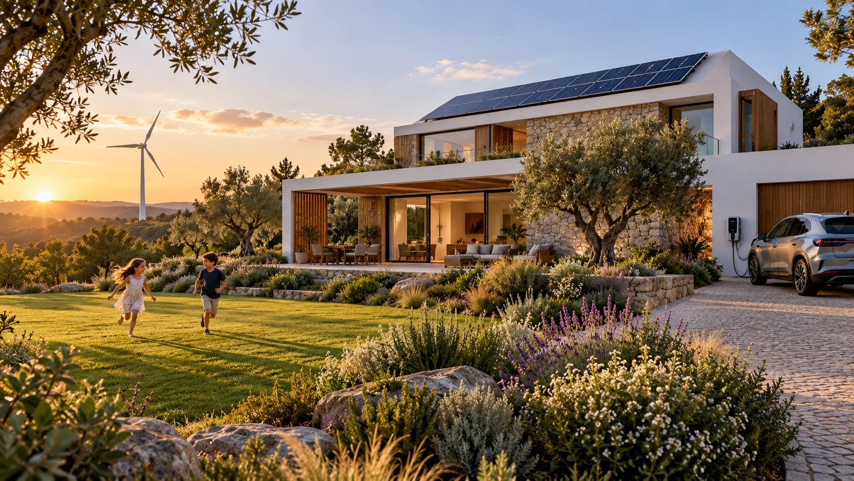 Casa com flora, painéis solares, aerogerador, carro elétrico a carregar e crianças na relva — imagem conceptual criada com IA