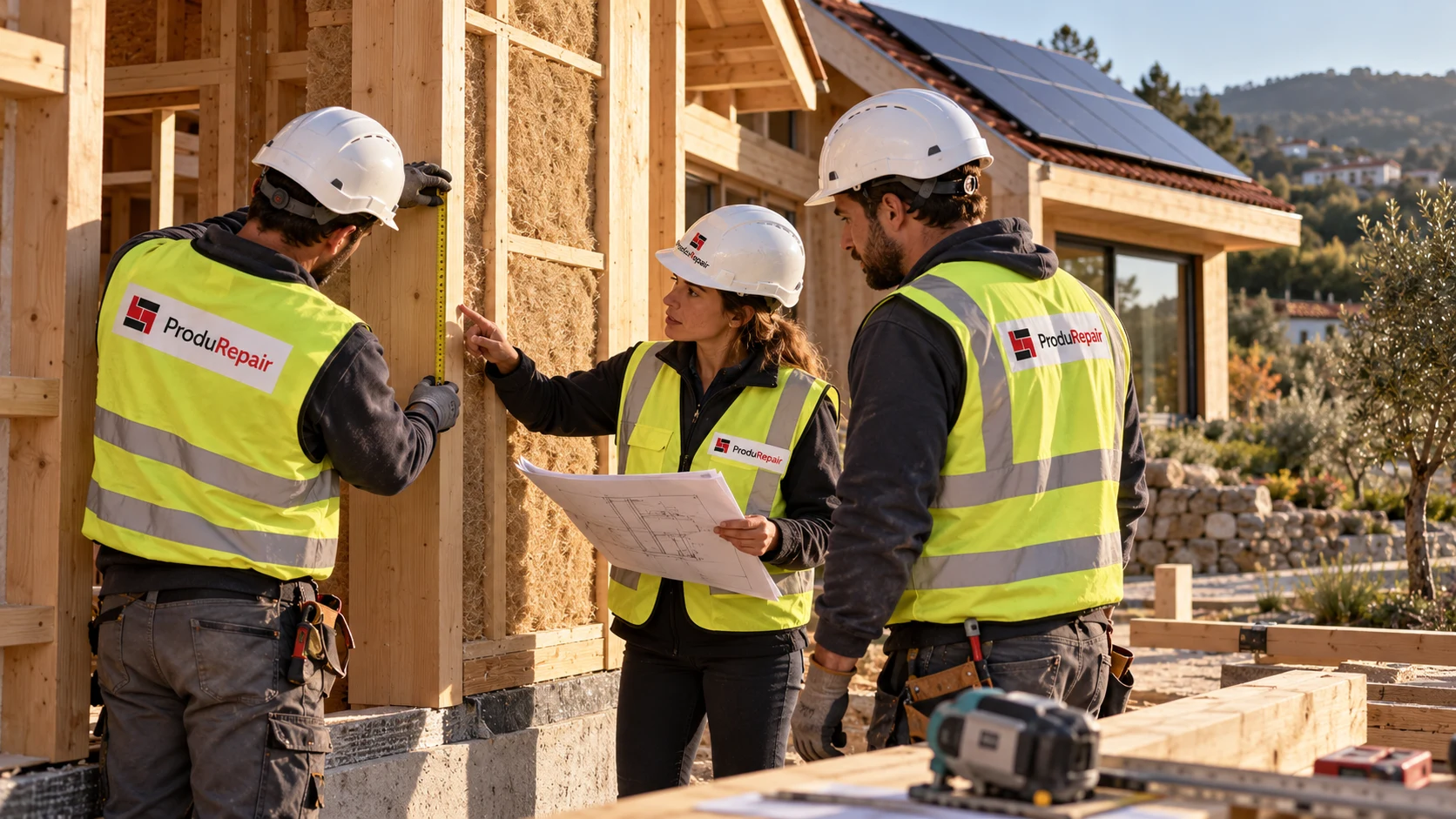 Profissionais com coletes ProduRepair avaliam a estrutura de madeira e o isolamento de uma casa sustentável — imagem conceptual criada com IA