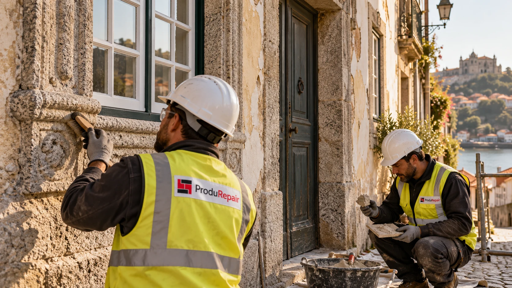Trabalhadores com coletes ProduRepair recuperam cantaria e reboco de uma casa tradicional — imagem conceptual criada com IA